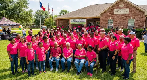 A large crowd in matching pink shirts gathered outside the Waller County community centre.