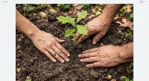Three pairs of hands pressing soil around a newly planted oak seedling.