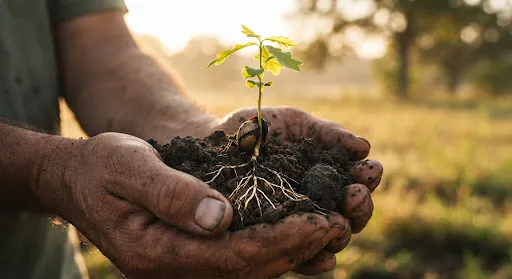 Two hands cupping a young oak sapling with its root ball intact in dark soil.