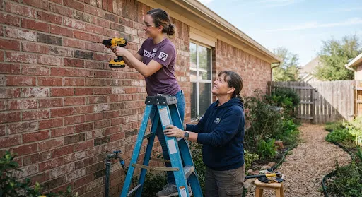 Two volunteers on a ladder fitting hardware to the brick exterior of a Prairie View home.
