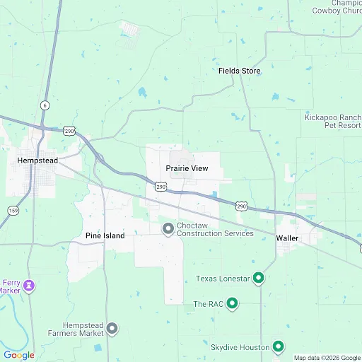 Map of Waller County showing Prairie View between Hempstead and Waller along Highway 290.