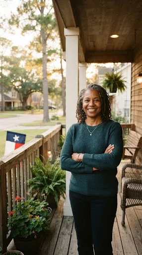 Sandra, a Prairie View community advocate, standing on a front porch.