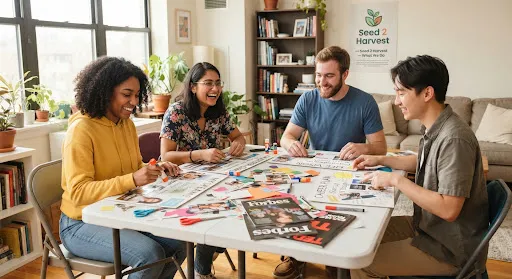 Four participants laughing around a table covered in vision-board collages and magazines.