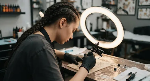 A young tattoo artist working under a ring light at her studio bench.